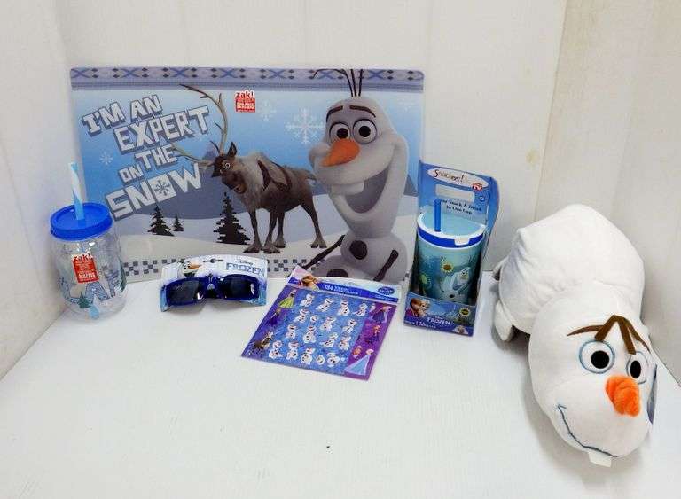 Collection of Disney Frozen items, includes Olaf, large plush