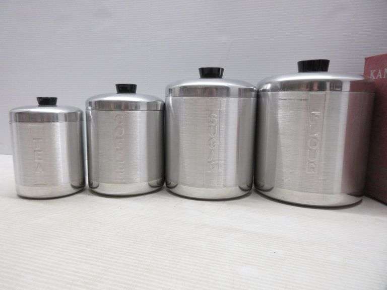 Vintage Kromey canister set Flour, Sugar, Coffee, Tea, up to 9"H