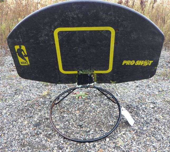 Basketball hoop, backboard, and bracket, no pole included, rusty, shows