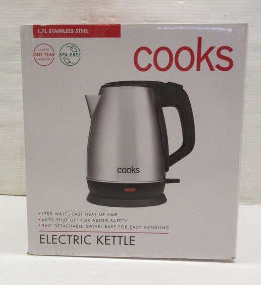 Stainless steel cooks 1.7 liter electric kettle on swivel/power base