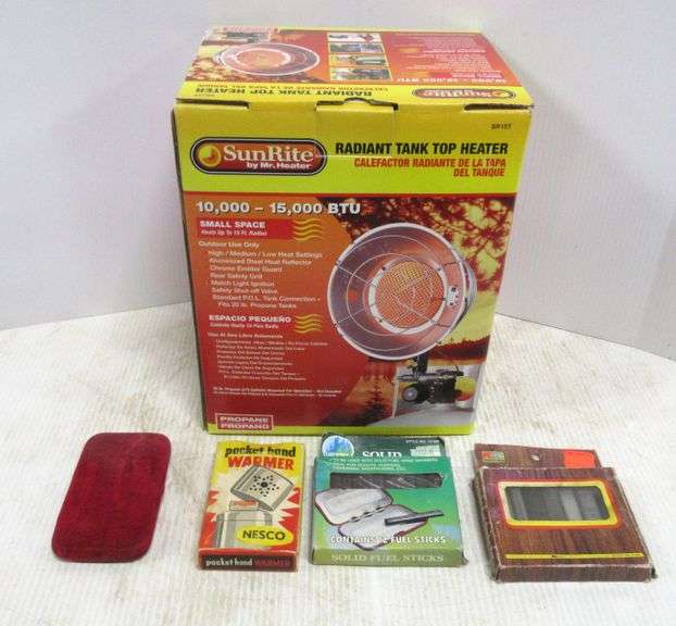 New radiant tank top heater, (2) Used pocket hand warmers, (18) Fuel