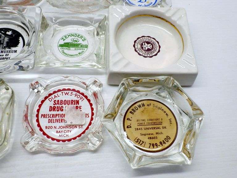 (30) Assorted older ashtrays with advertisements from bars, businesses