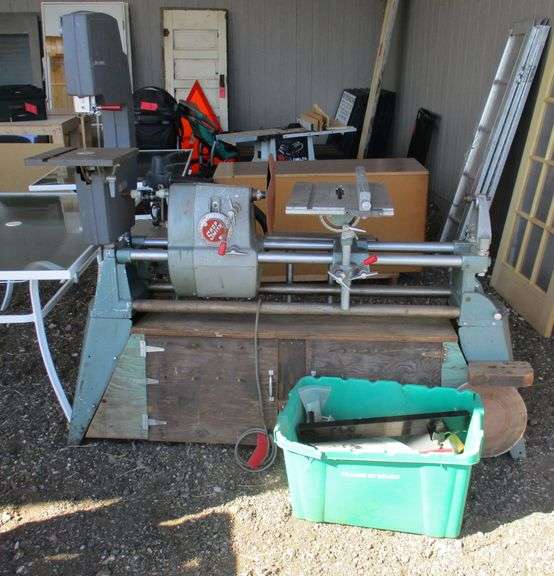 Shopsmith lathe with 11" band saw and scroll saw attached, includes