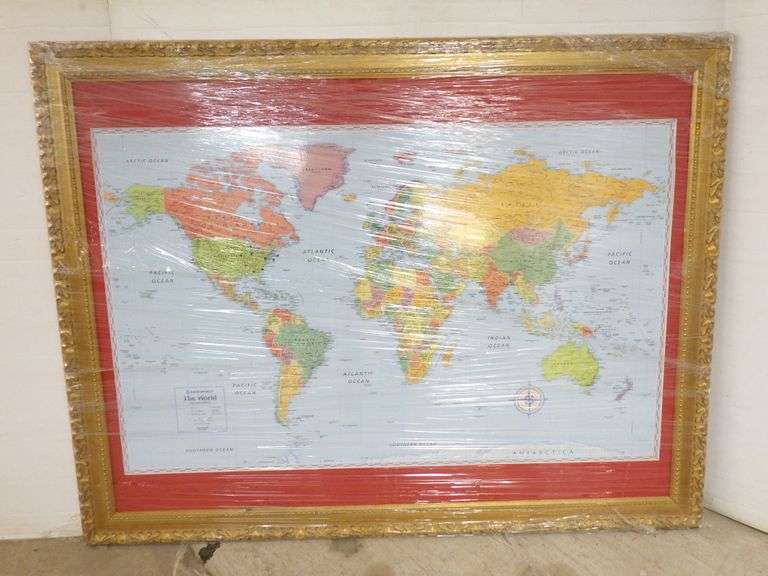 The World signature edition hanging wall map, matted, carved gold gilt