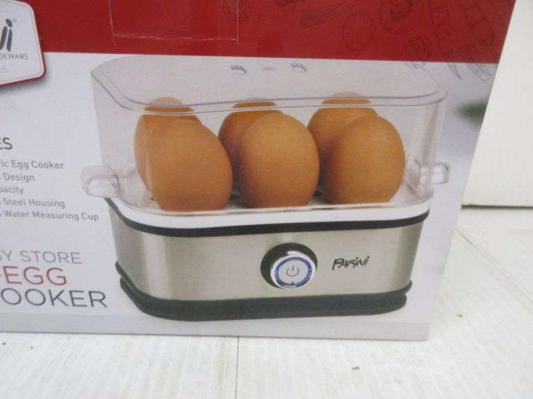Parini 6egg cooker, new; BritePride grater; (3) Enamelware pans, nice
