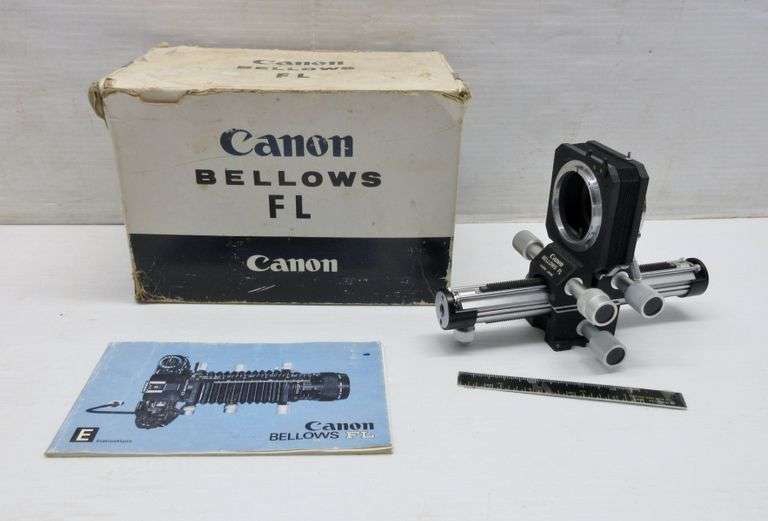 Canon camera, Bellows FL, instruction book and magnification ruler