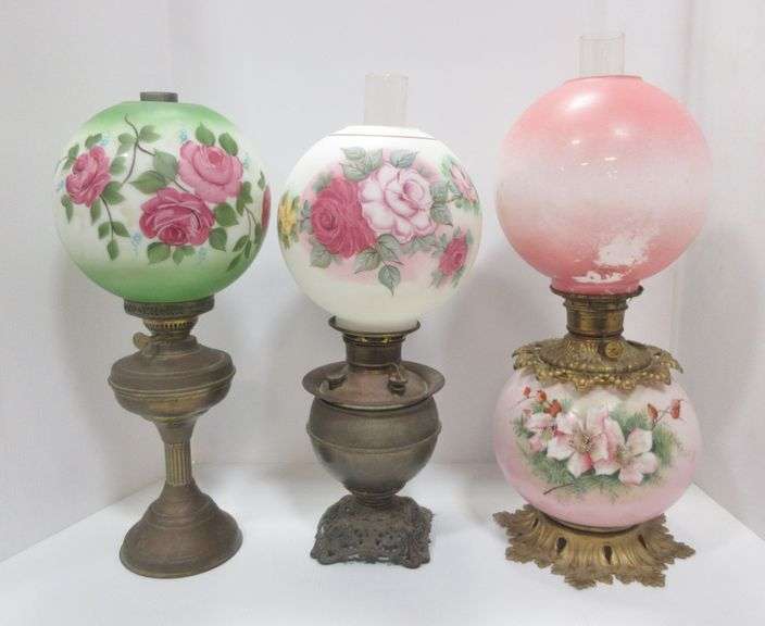 (3) Antique oil lamps 1 Duplex double burner oil lamp with green rose