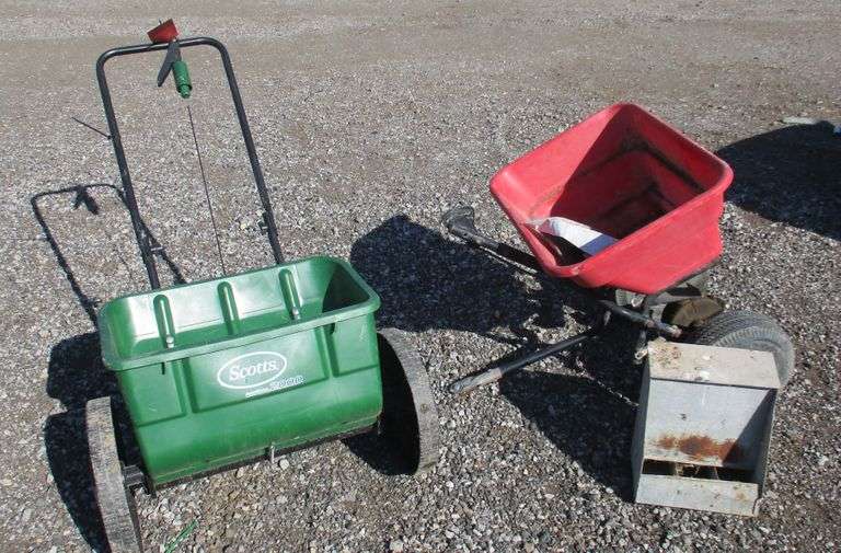 Scotts fertilizer spreader, Tow behind spreader with parts, and a