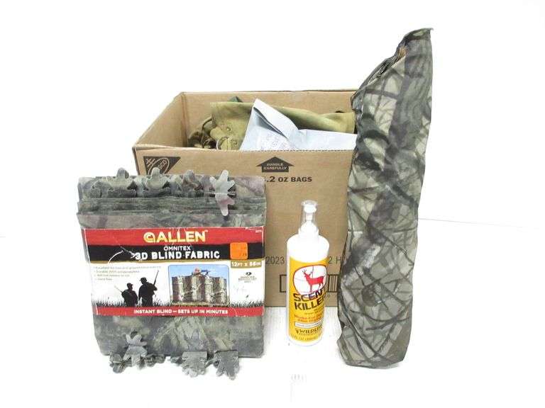 Box of hunting items, includes Scent Eliminator, Canvas bags, Grunt