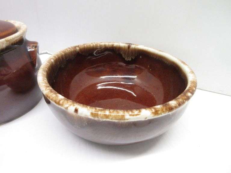 (2) Brown drip glaze pottery bowl, 5 1/2"W, marked USA; Small crock