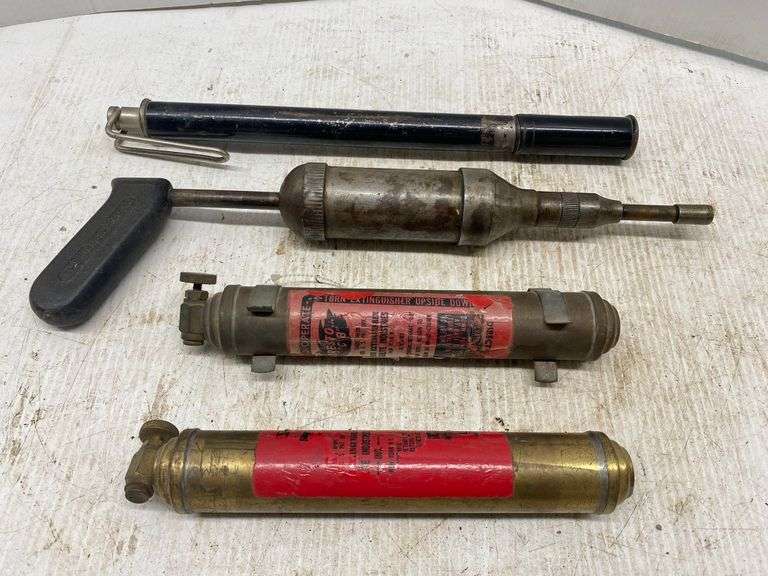 ND 3B automatic grease gun, pat 1923; (2) Presto CB fire extinguishers