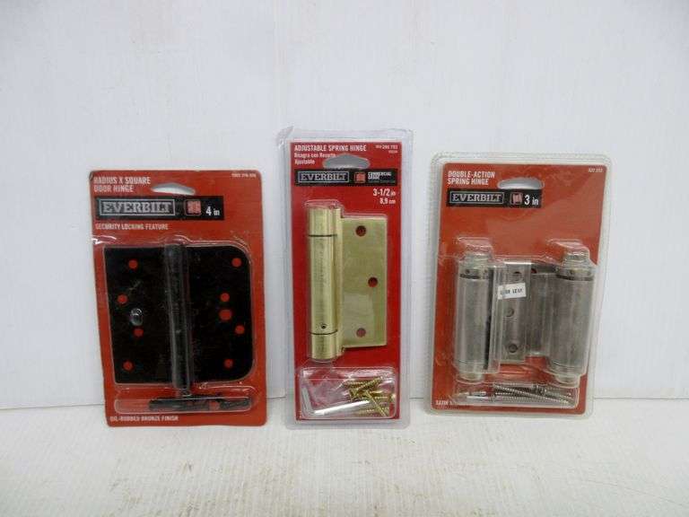 Everbilt double action spring hinge, Radius X square door hinge, and an