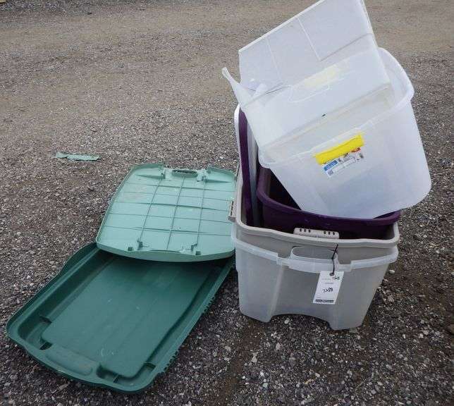 (5) Plastic totes with lids, largest tote is 28Gallon, one tote has