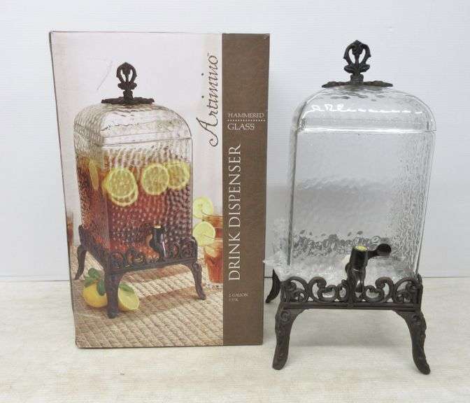 Artimino 2gallon drink dispenser, Hammered glass, Bronze metal base