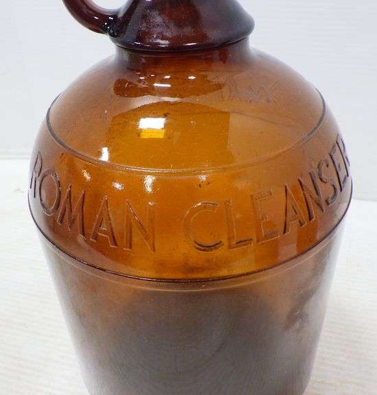 Set of (3) bottles, includes 1 Older amber brown glass finger hand held, 1gallon, Roman