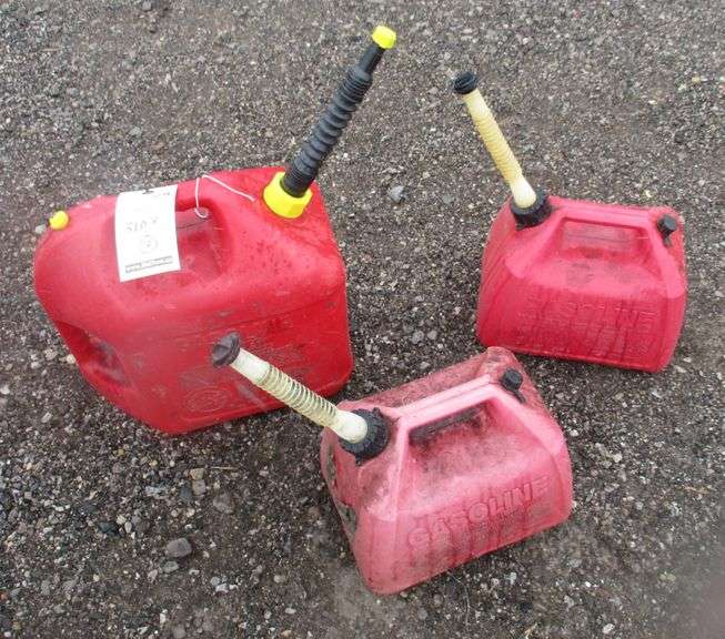 (3) Plastic gas cans, includes Two 2 1/2gallons, and One 5gallon, fair Albrecht Auction