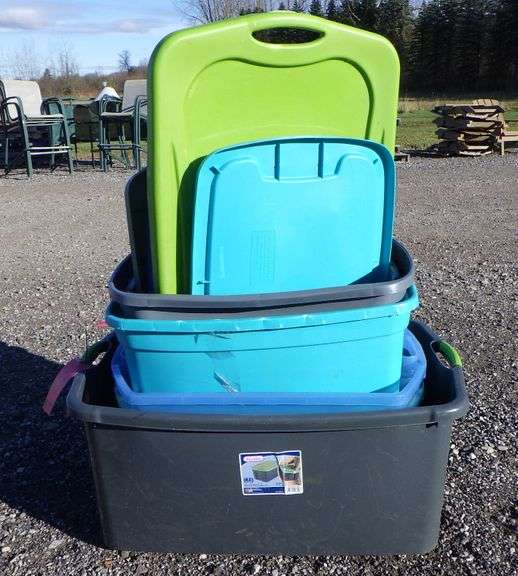 (5) Plastic totes with lids, largest 30gallons Albrecht Auction Service