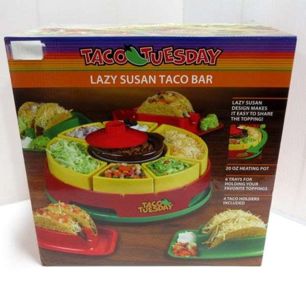 Taco Tuesday Lazy Susan taco bar, 12 oz., four taco holder trays, new