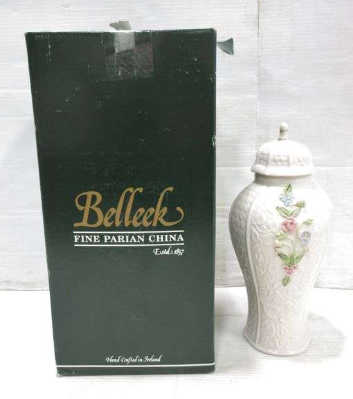 Belleek vase with lid, Millenium Collection, peacock floral design, 6"W