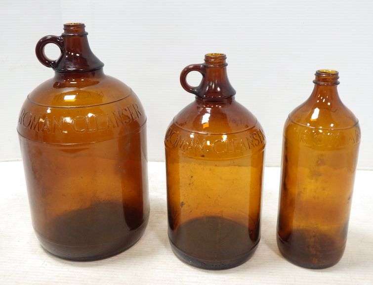 Set of (3) bottles, includes 1 Older amber brown glass finger hand held, 1gallon, Roman