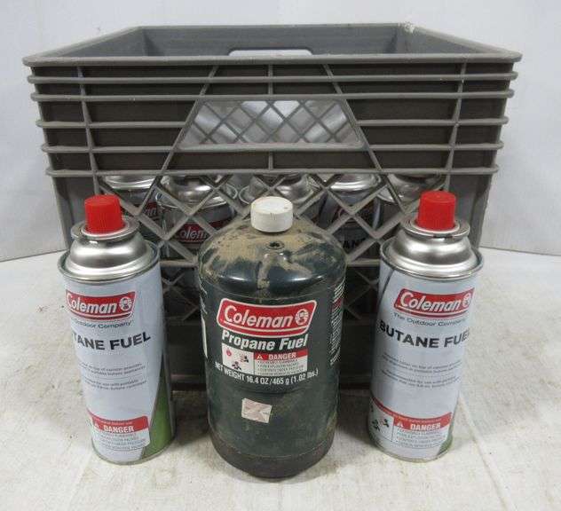 (10) Bottles of Coleman butane fuel, and a bottle of Coleman propane