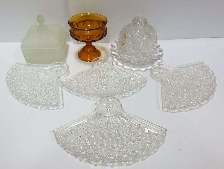 Tiara Indiana glass, frosted candy dish, beehive; Large dome cut glass