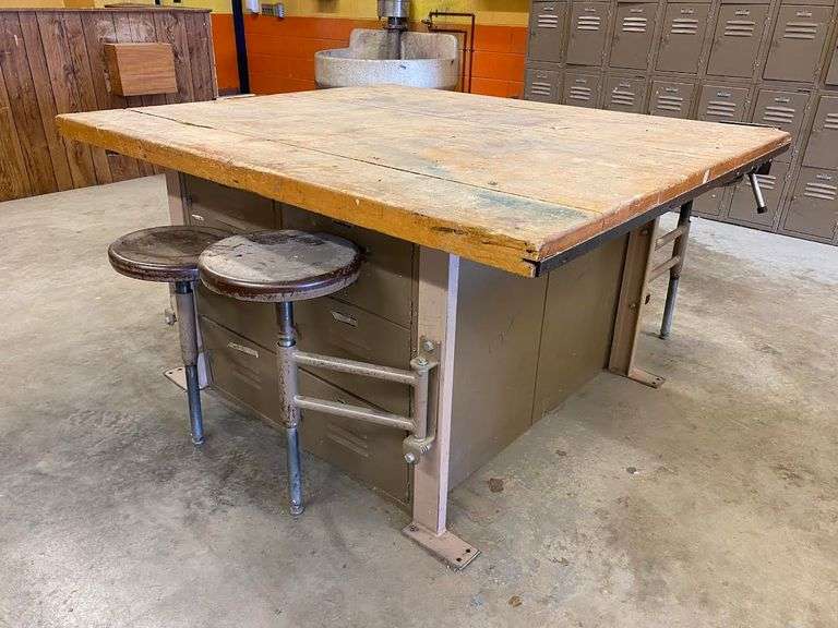 Heavy duty workbench/table with storage lockers, thick wood top and