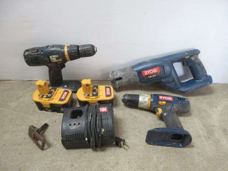 Various Ryobi tools, includes (2) Batteries One 18V P100; 18V P110