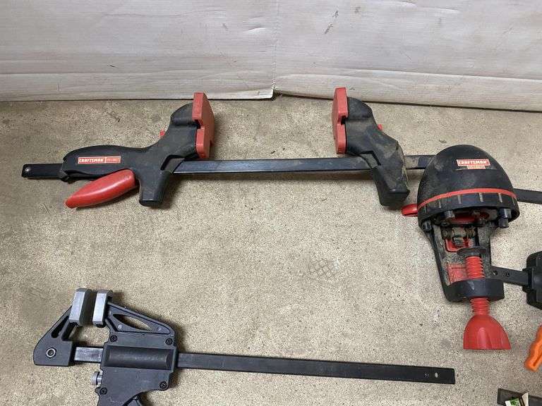 (8) Ratcheting bar clamps and bench mounted clamp vise Seven 12" and