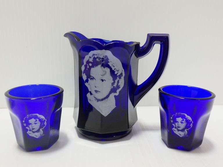 Shirley Temple pitcher with (2) shot glasses, cobalt blue, pitcher- 4"W