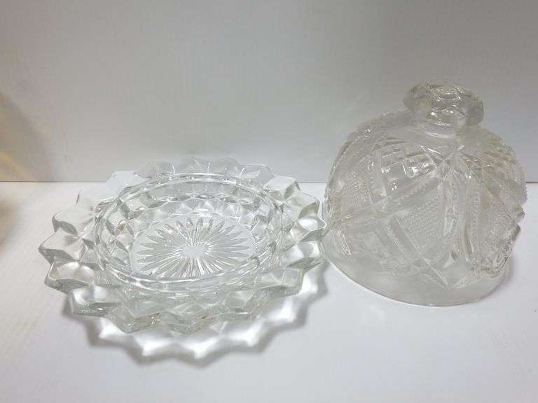 Tiara Indiana glass, frosted candy dish, beehive; Large dome cut glass