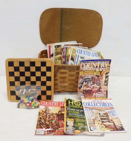 Old wicker hand painted picnic basket with wood checker game, and