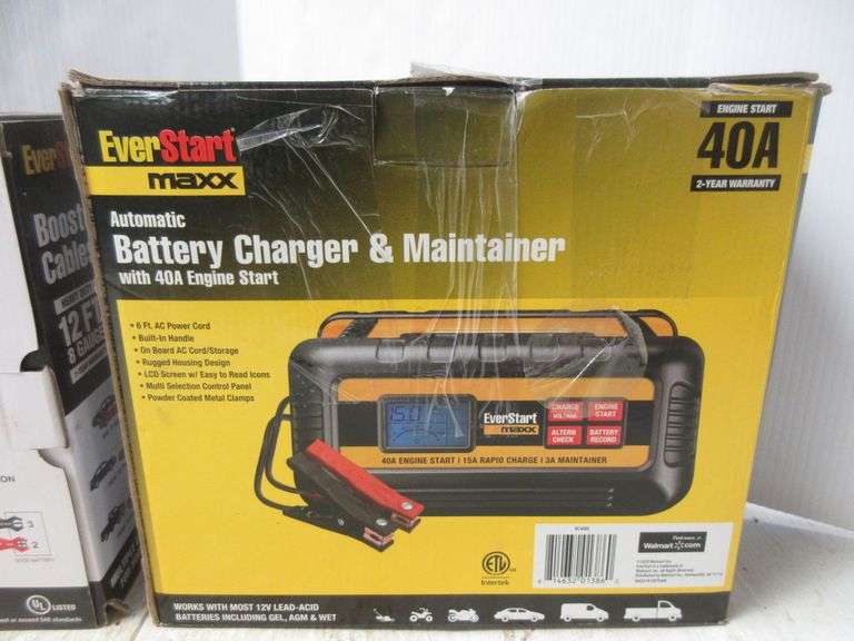 Everstart 40A battery charger, NIB; 12' 8gauge Everstart jumper cables Albrecht Auction Service