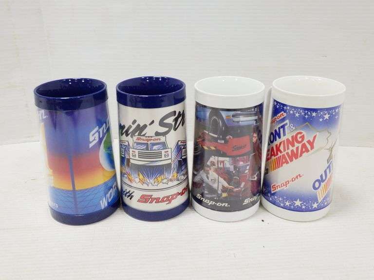 (4) SnapOn plastic mugs advertising, 7"H, new, each different