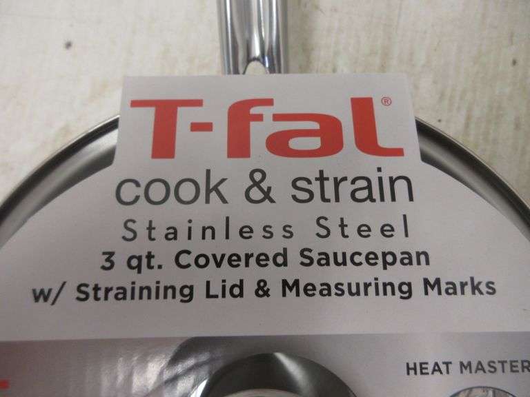 TFal cook and strain stainless steel, 3quart covered saucepan, new