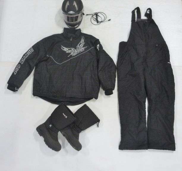 Mens snowmobile suit with Arctic Cat coat, bibs, heated helmet, and