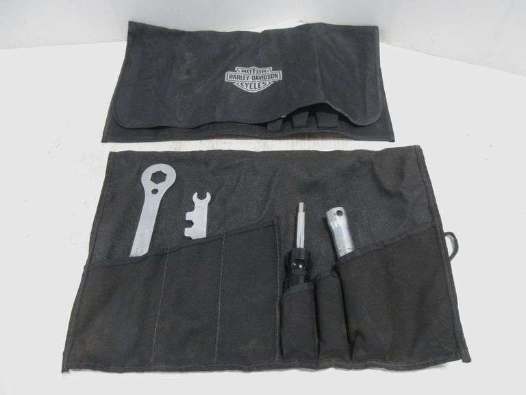 Harley Davidson tool kit and wrenches, screwdrivers are stamped Harley, set, has