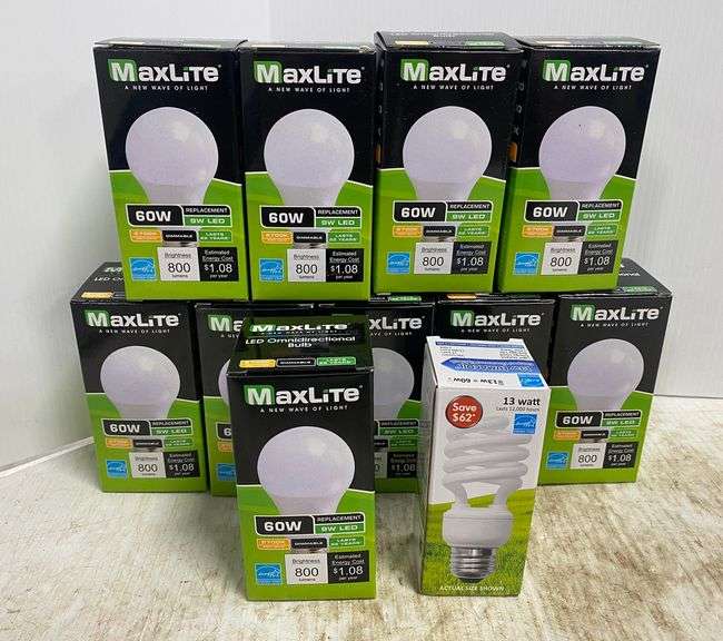 (10) Maxlite 60W multidirectional bulbs; 13W Lumacoil bulb, new