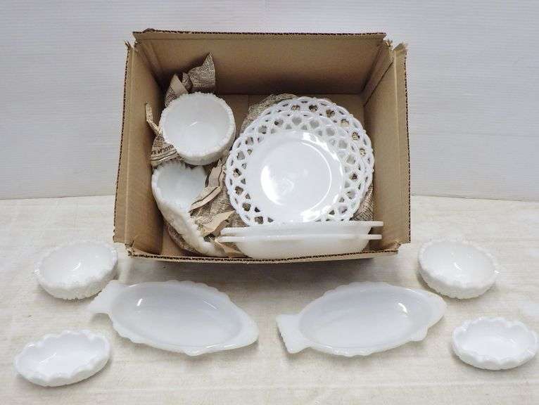 Older white milk glass dish set, includes (4) Plates, (4) Bowls, Large
