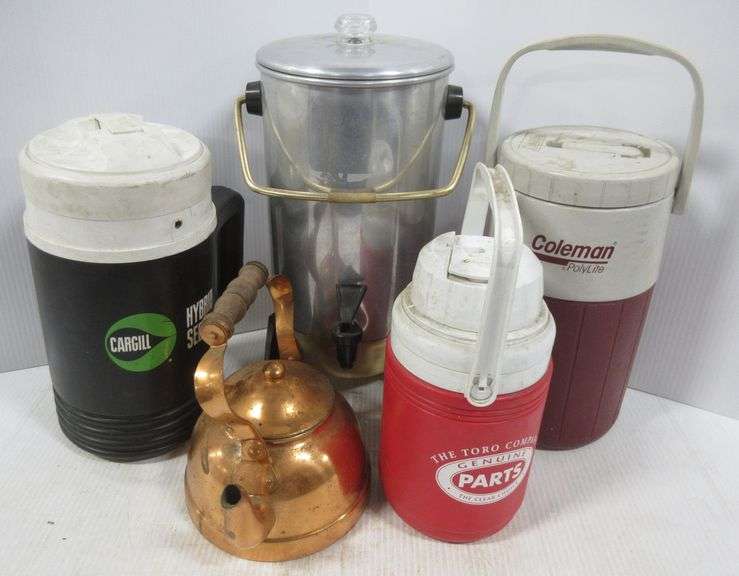 Various camping items, includes (2) Coleman jugs; Igloo jug; Coffee