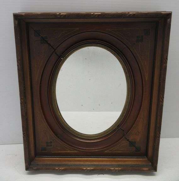 Antique Victorian Mirror with Carved Walnut Frame and Oval Brass Insert