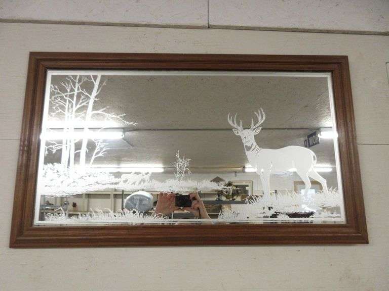 Wood Framed Etched Glass Mirror with Deer Scene Albrecht Auction Service