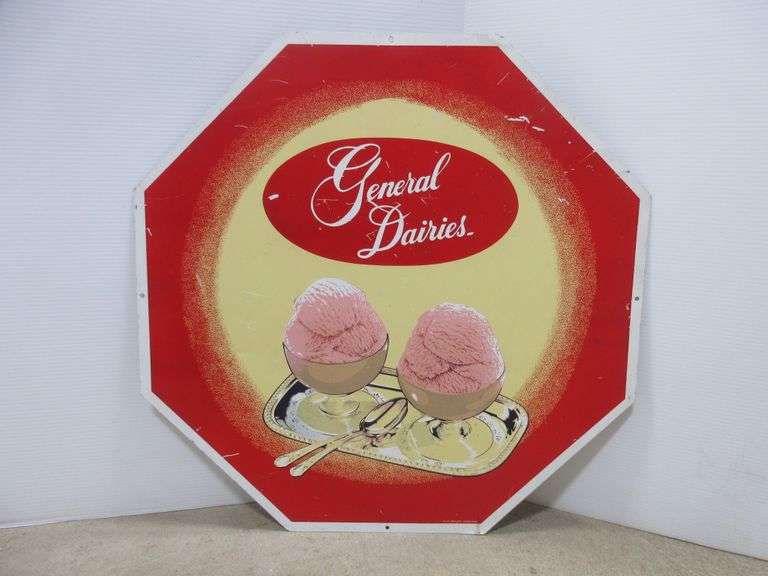 Old Tin General Dairies Ice Cream Sign, Hexagon Shape Albrecht