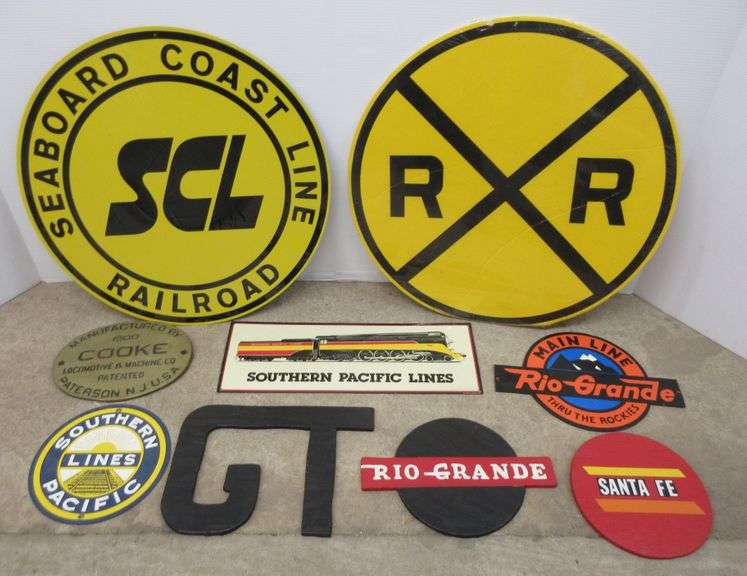 (9) Railroad related signs, include 3 Wood with names of railroad; 4