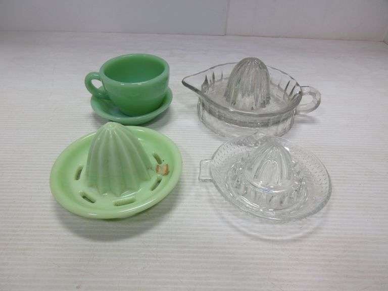 Jadeite juicer/reamer; Fire King jadeite loop cup and saucer; French