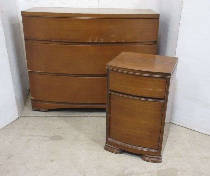 Wood threedrawer dresser, 44”W x 21”D x 35 ½”H, dresser drawers stick, shows wear, cracks