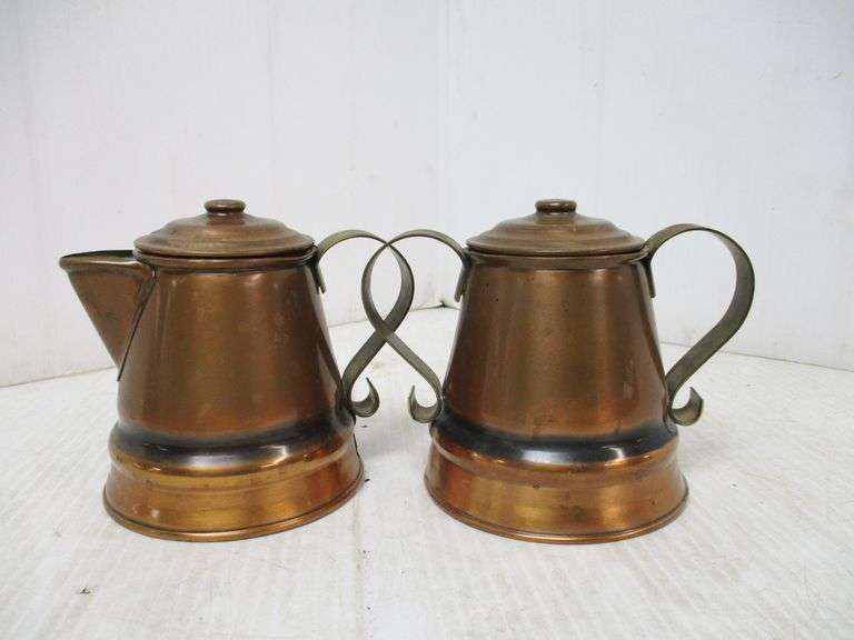 Solid copper Gregorian creamer and sugar set with embossed marking on