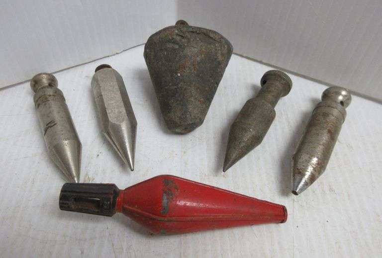 (5) Steel plumb bobs, and a homemade lead plumb bob, used Albrecht