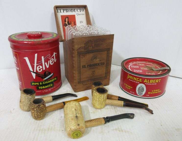 (5) Corn Cob pipes; Wooden cigar box, “El Producto” all (25) glass
