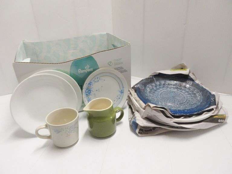 (2) Benton blue dinner plates, (2) white dinner plates, (3) blue glass